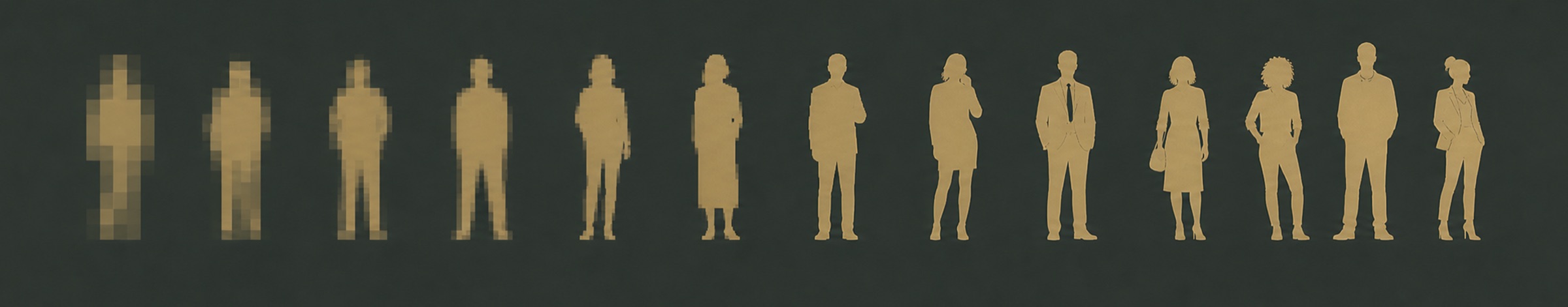 A row of standing figures resolving from pixelated and blurry on the left to sharp and fully detailed on the right